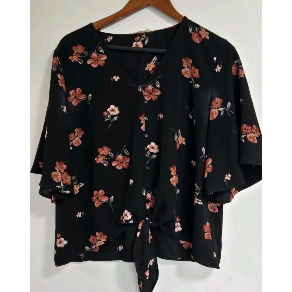 Lush Top Womens L Black Dark Floral Blouse Whimsigoth Fairy Grunge Goblincore
